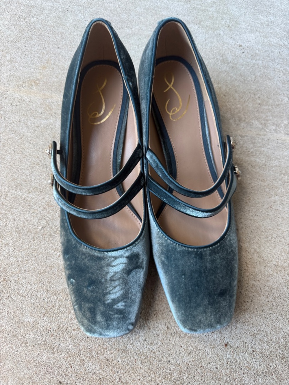 Sam Edelman Teal Blue Velvet Double-Strap Block Heels - Picture 2 of 6